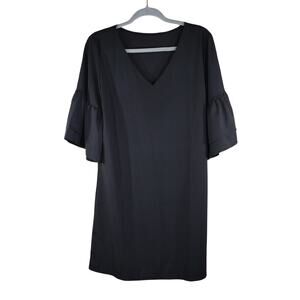 Black V-Neck Ruffle Sleeves Polyester Formal Business Casual Knee Length Dress
